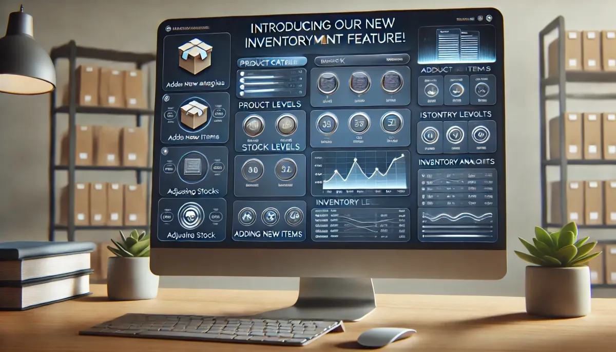 Digital dashboard showcasing the new Inventory Management feature with organized product categories, stock levels, and inventory analytics. Features include buttons for adding new items, adjusting stock, and generating reports. A banner at the top reads 'Introducing our new Inventory Management feature!' with a professional blue, gray, and white color scheme, emphasizing business efficiency.