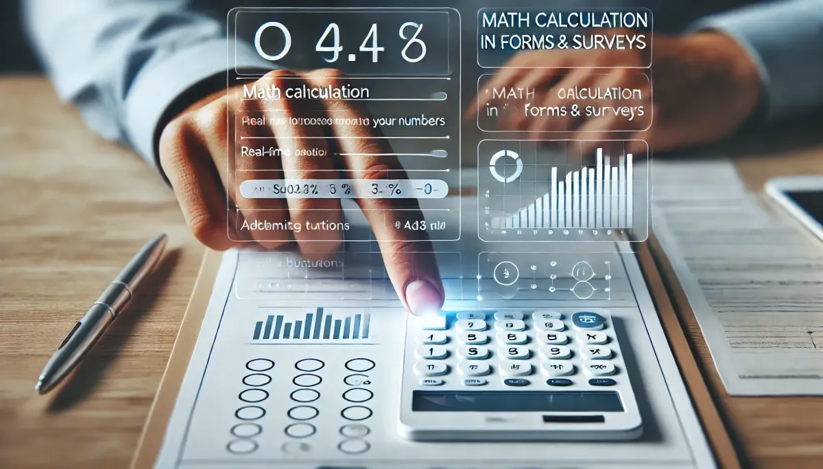 Digital interface displaying math calculation in forms and surveys. Includes input fields where users enter numbers and real-time calculation of totals or averages. Interface shows buttons for form submission and adjustment, using a professional blue, white, and light gray color scheme with the title 'Math Calculation in Forms & Surveys' displayed at the top.