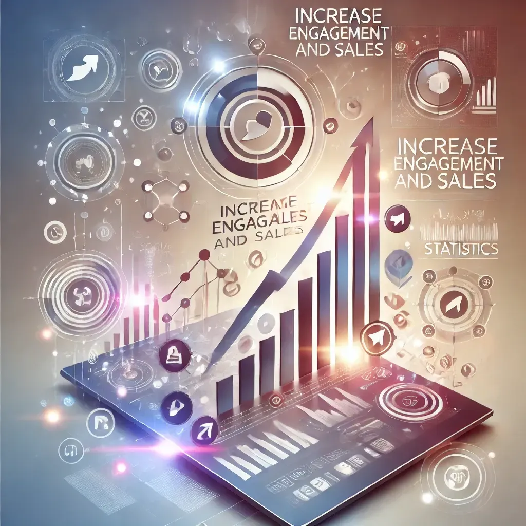 Professional cover image for 'Increase Engagement and Sales with Social Planner Statistics' featuring graphs, charts, social media icons, and arrows symbolizing growth and success. The design includes a modern, data-driven theme with soft gradients and abstract shapes, emphasizing analytics and upward trends.