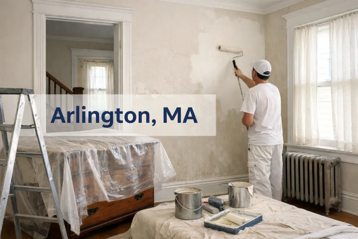 Interior painting work inside an older Arlington, MA home with plaster walls, classic trim, and visible surface prep.