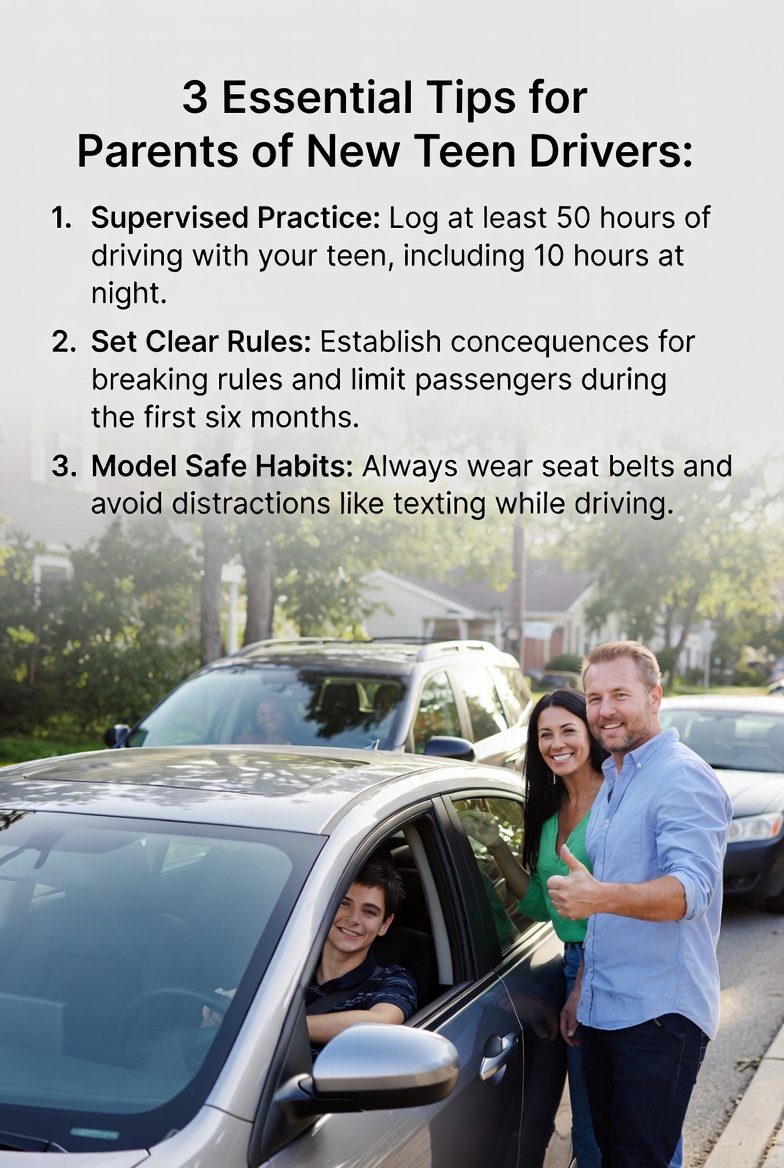 Parents and teen son practicing safe driving: teen behind the wheel, mom and dad giving thumbs up outside car, with 3 tips for parents of new teen drivers overlaid.