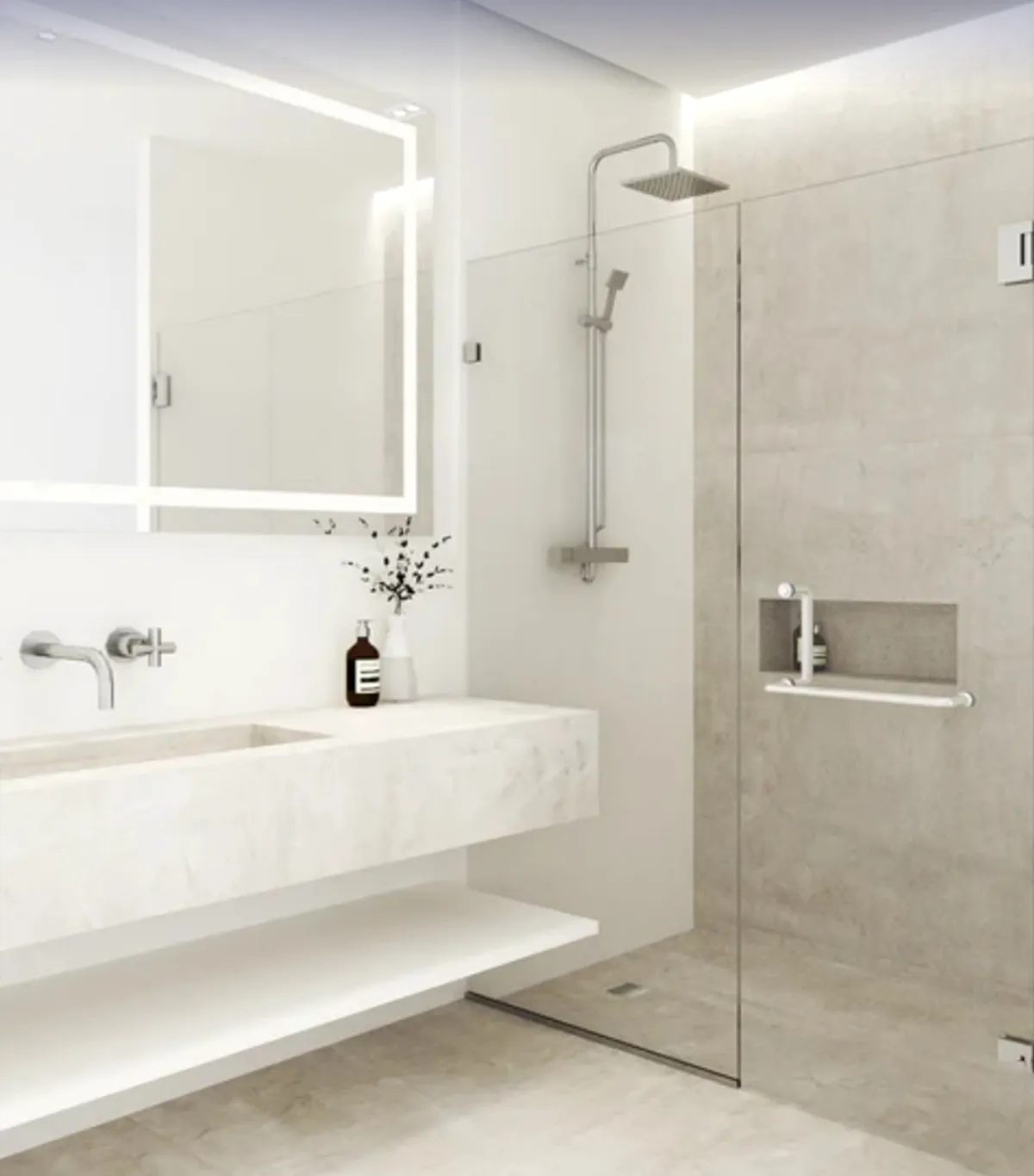 Minimalist bathroom with a walk-in shower, rain showerhead, floating marble vanity, and modern backlit mirror.