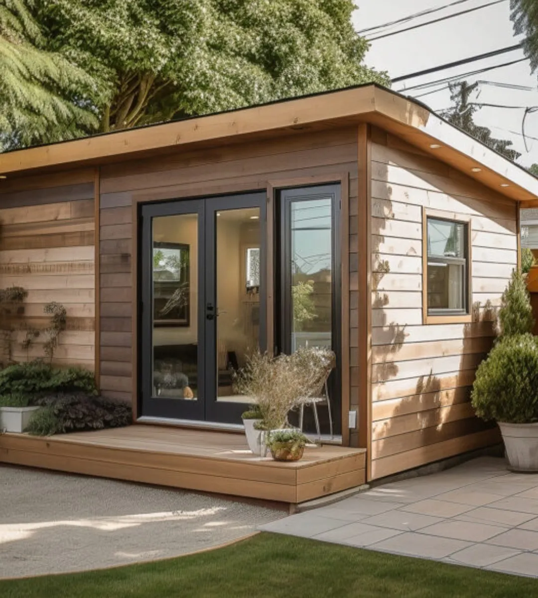 Contemporary ADU with wood siding, black-framed French doors, a wooden deck, and landscaped greenery.