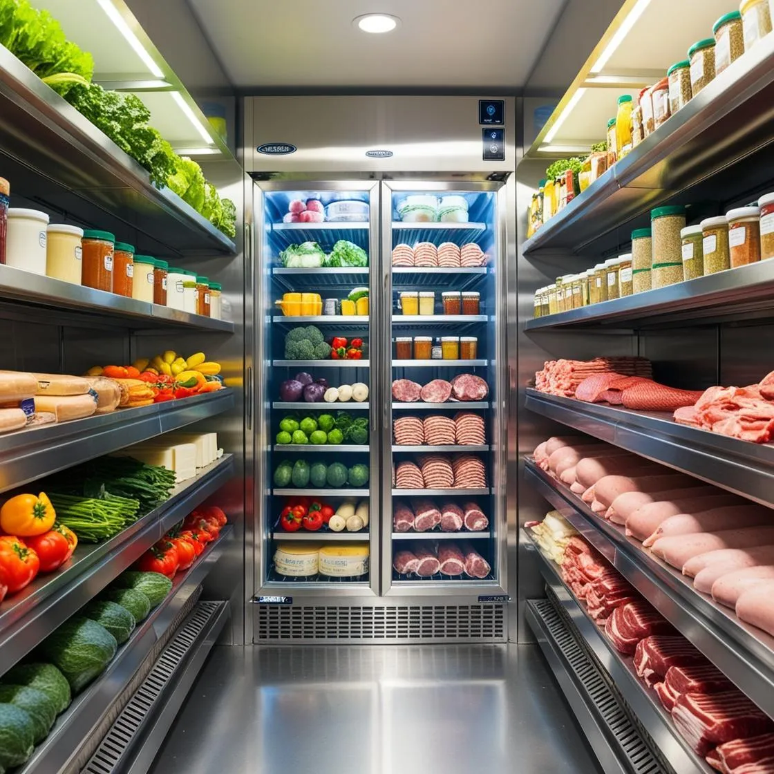Picture of a walk in cooler area stocked with food used in a restaurant