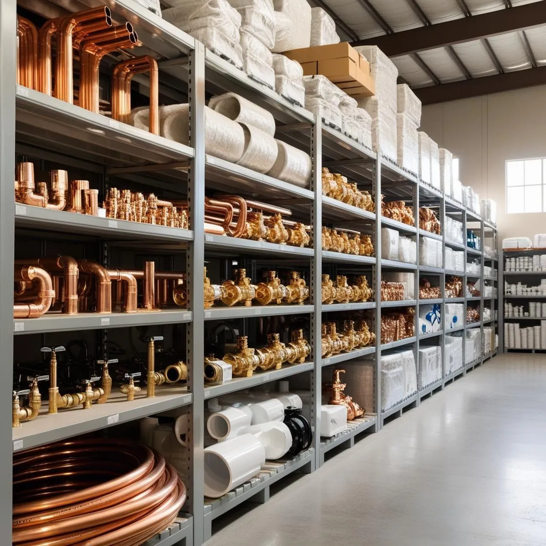 A picture of a shelf of plumbing supplies at a supplier