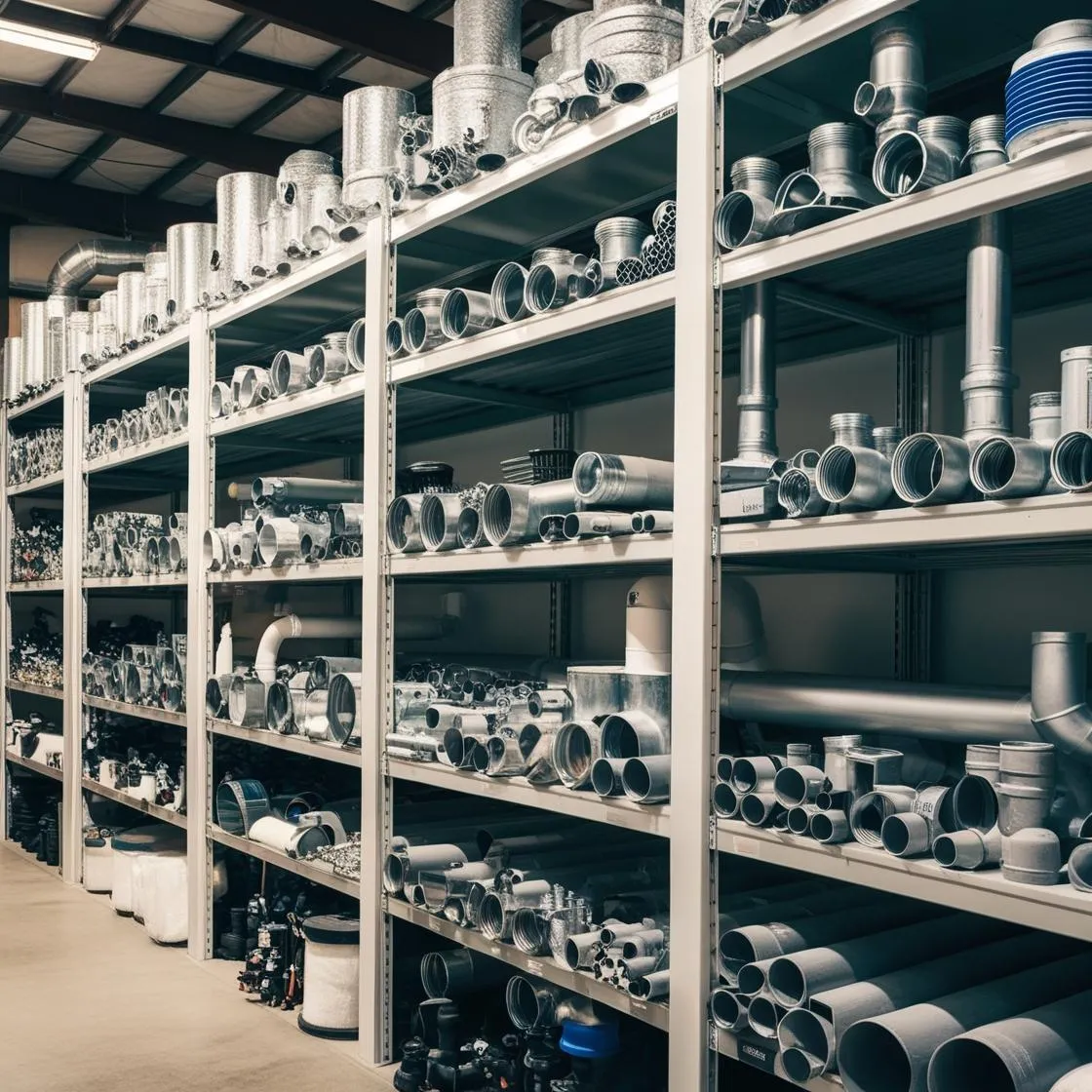 A shelf of HVAC Supplies at a supplier