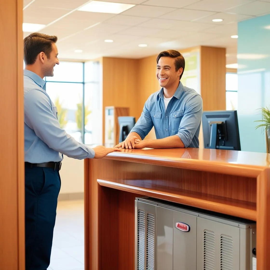 A customer standing at an HVAC suppliers service counter talking to the staff