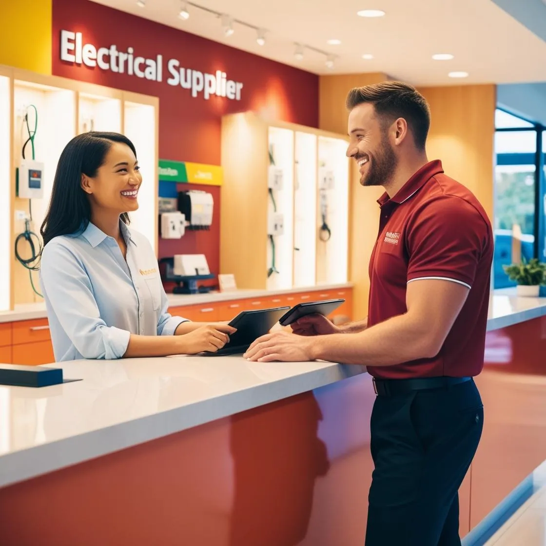 A customer standing at an Electrical suppliers service counter talking to the staff