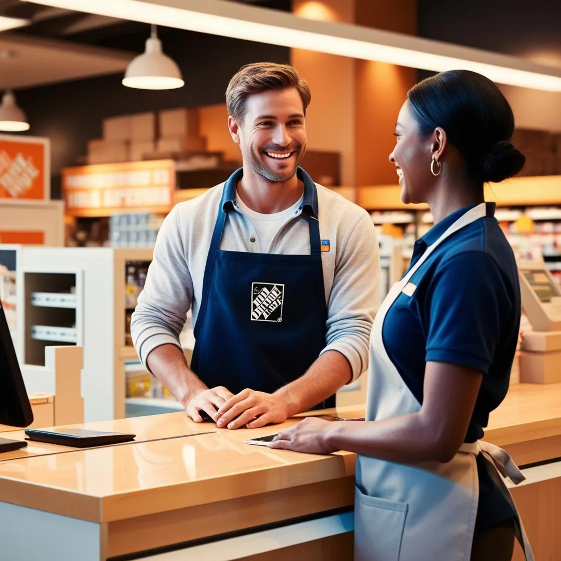 A customer standing at a Home Depot like suppliers checkout talking to the staff