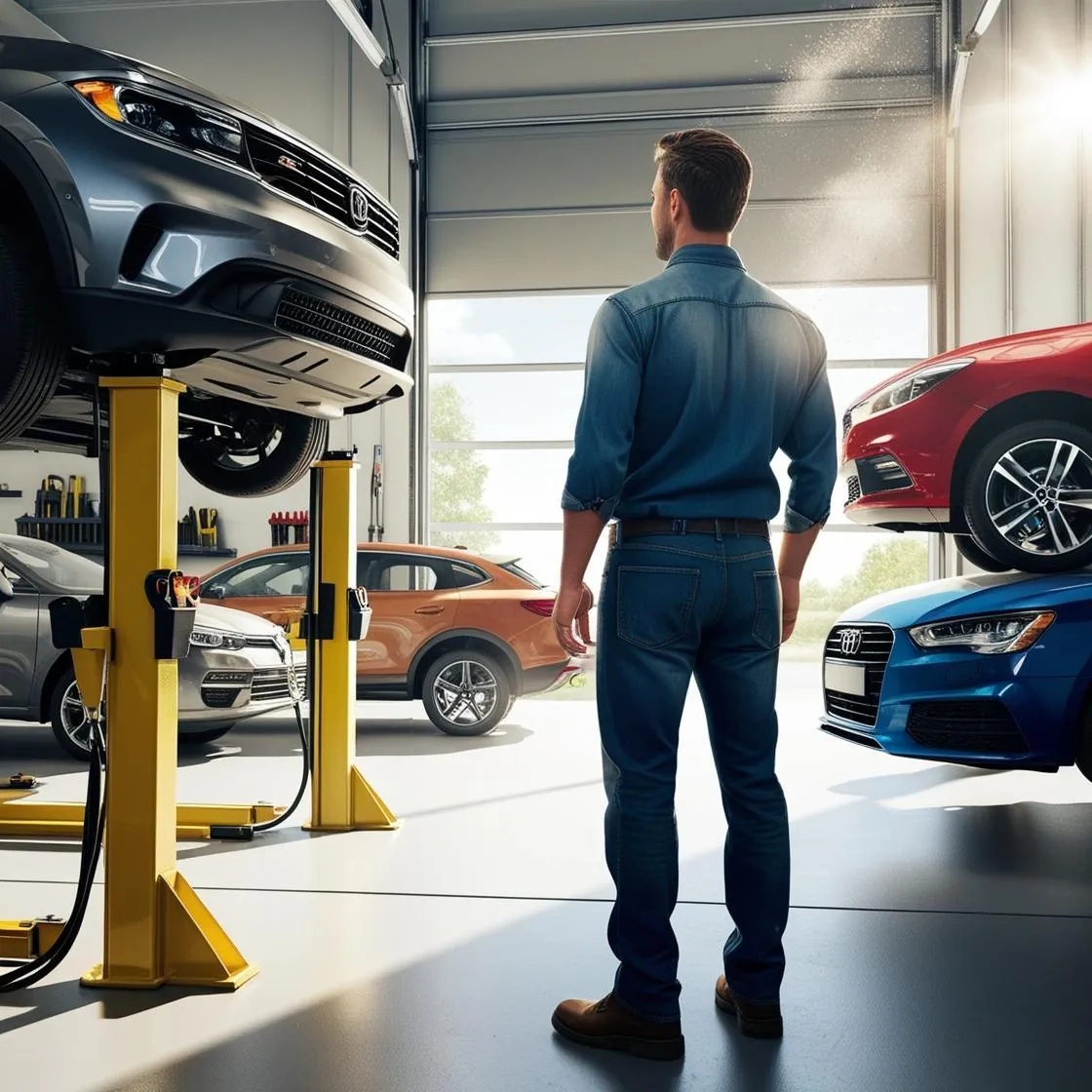 A customer standing at a Mechanic Garage looking at cars on the hoists