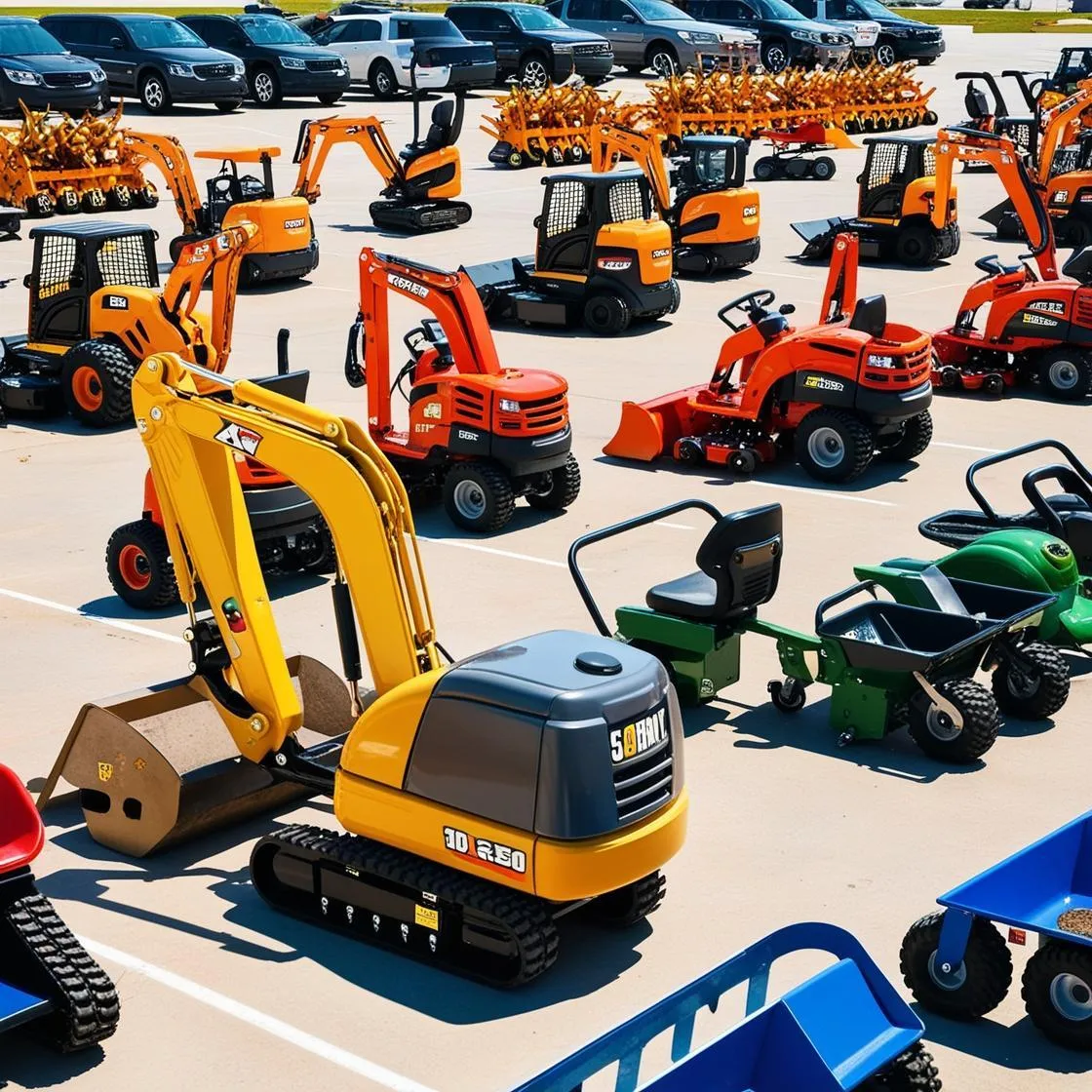 Picture of small machinery on a lot: mini excavators, bobcats, ride on mowers, track wheelbarrows