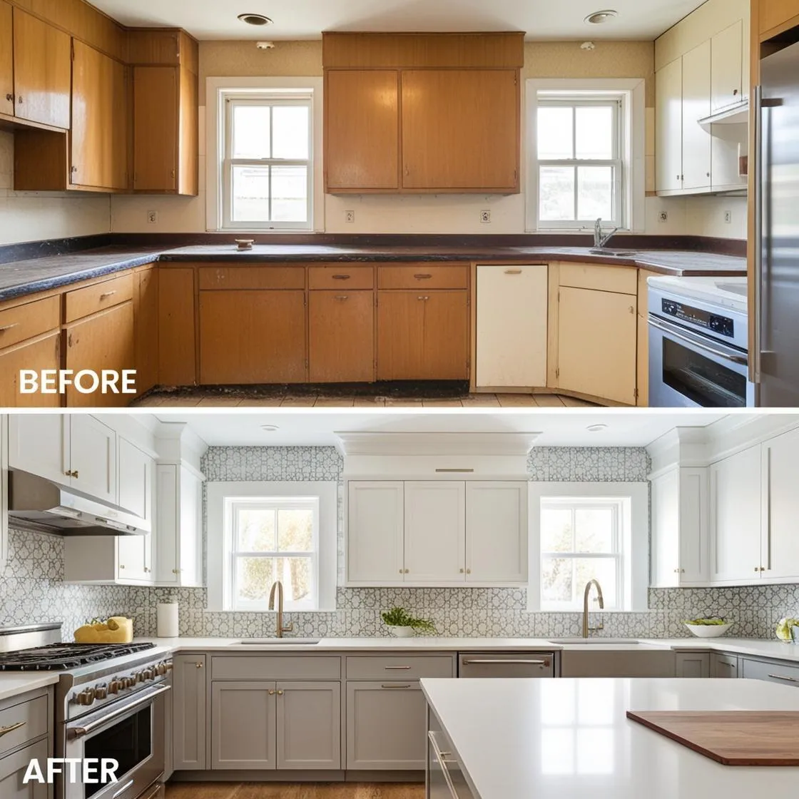A before-and-after image of a remodeled kitchen.