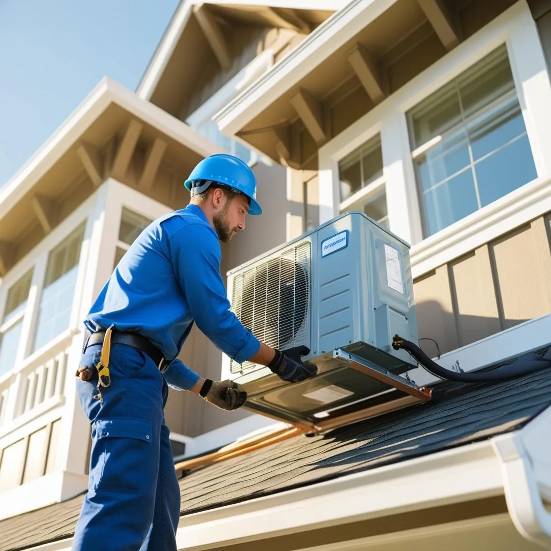 A worker installing an air conditioning unit on a house.