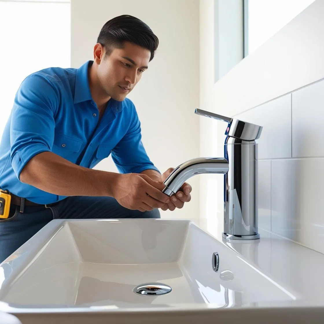 A technician installing a sleek, modern faucet.