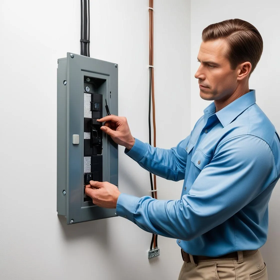 An electrician Looking at a HOUSE circuit breaker panel with NO wires visible