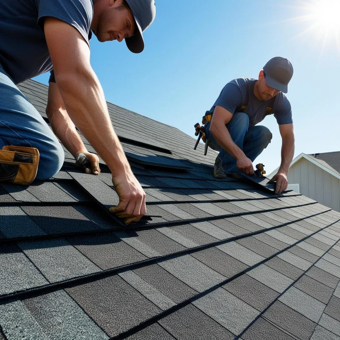 Workers installing new roofing shingles on a house.