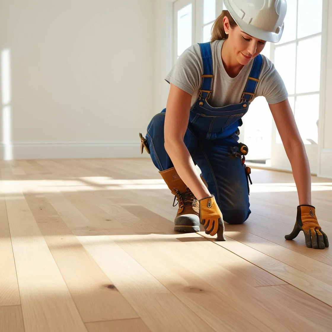 A Worker installing new hardwood floors with each piece in proper order