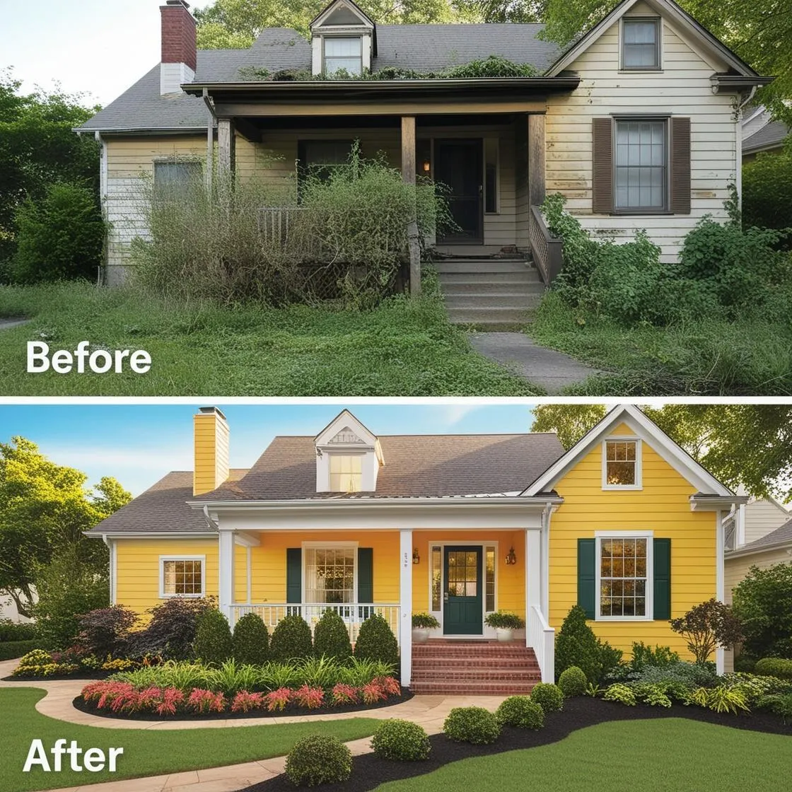 A before-and-after image of a home’s exterior makeover.