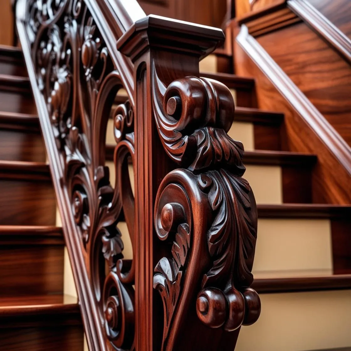 A close-up of intricate wood detailing on a custom staircase.