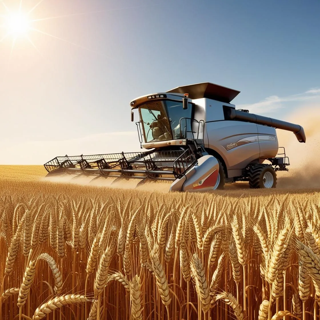 Farm Combine harvesting wheat