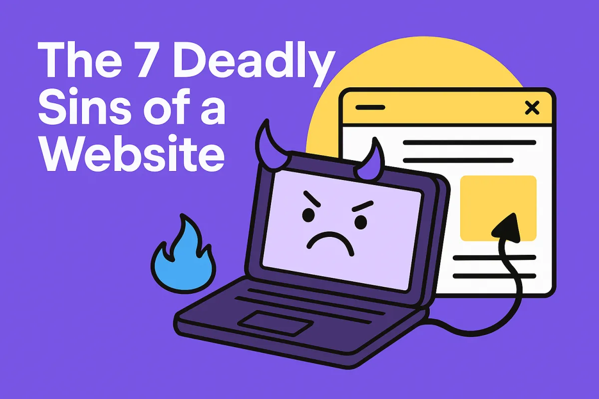 Illustrated blog banner for “The 7 Deadly Sins of a Website” featuring a cartoon devil laptop and web page on a purple background.