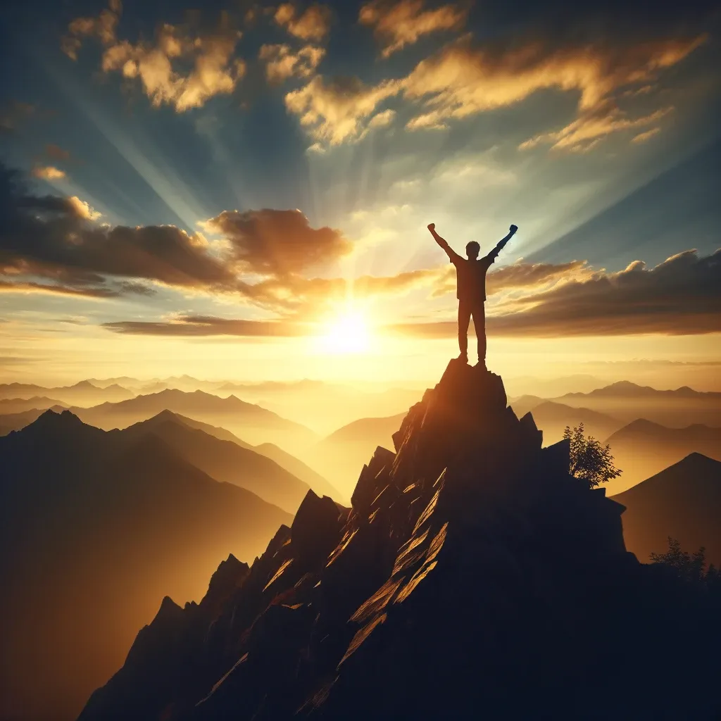 Silhouette of a victorious person on a mountain peak at sunrise, symbolizing triumph and personal growth against challenges