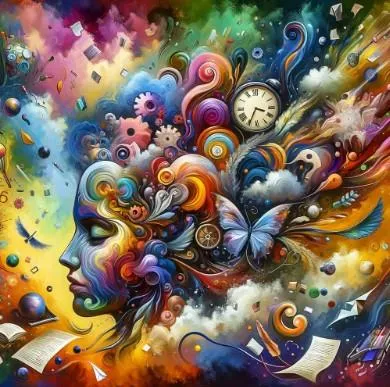 A vibrant cover image showcasing the dynamic energy of an ADHD mind, with swirling colors and symbols of peace, like a serene face, amidst elements of daily chaos, such as scattered papers and a clock. The image conveys humor, self-acceptance, and the beauty of navigating life with ADHD.