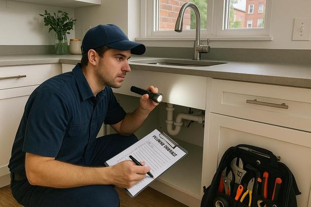 Local plumber in Woodstock, Cape Town, providing a preventative maintenance service in a modern residential kitchen, checking under a clean sink with a flashlight and plumbing checklist in hand, wearing a neat uniform, showcases a professional and approachable demeanor, well-organized tool set visible, natural daylight streaming through kitchen window illuminating the scene. The image must be natural, realistic, in 2018, style raw, 4K, taken on iPhone, --ar 16:9