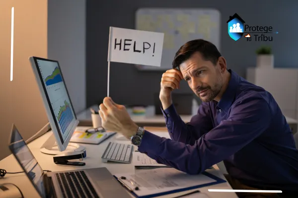 Hombre preocupado en oficina sosteniendo un cartel de “HELP” frente a su computadora, representando la duda sobre si su seguro de salud está activo.