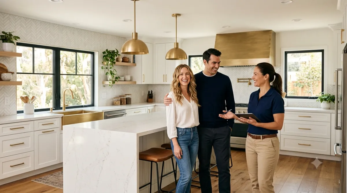 Remodeling contractor and homeowners in a finished San Diego kitchen renovation