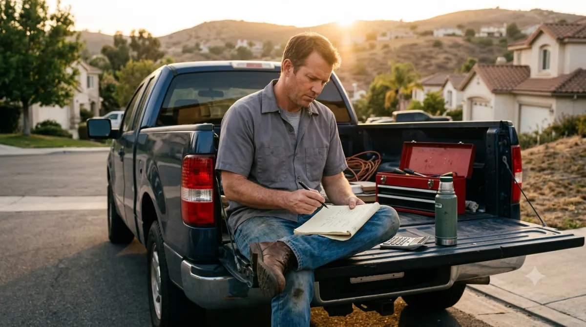 Contractor doing the real math on his business at his tailgate at golden hour