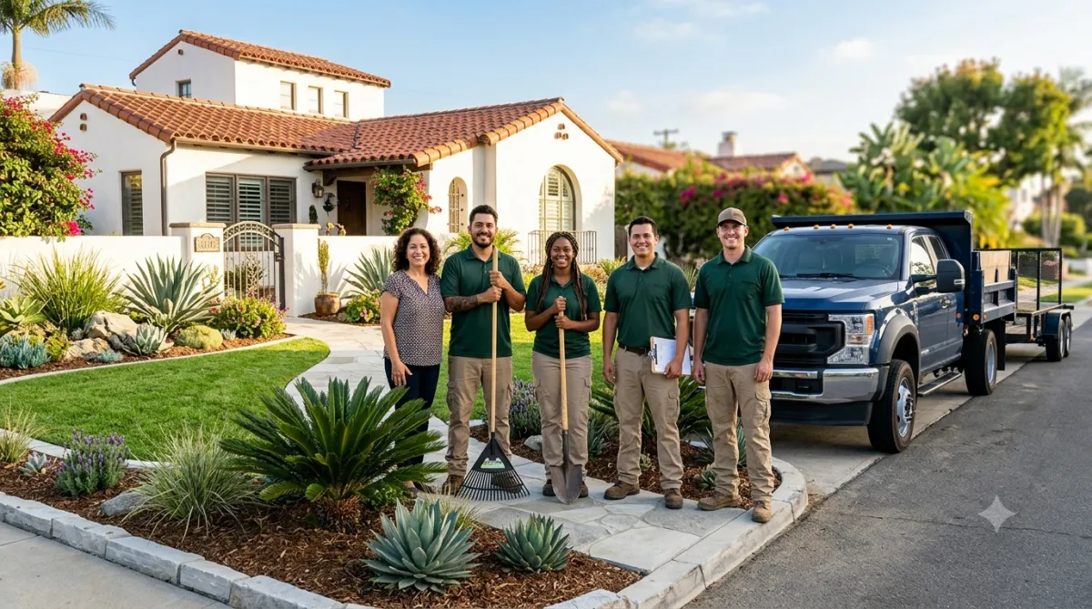 Landscaping crew and homeowner admiring a finished front yard at a San Diego home