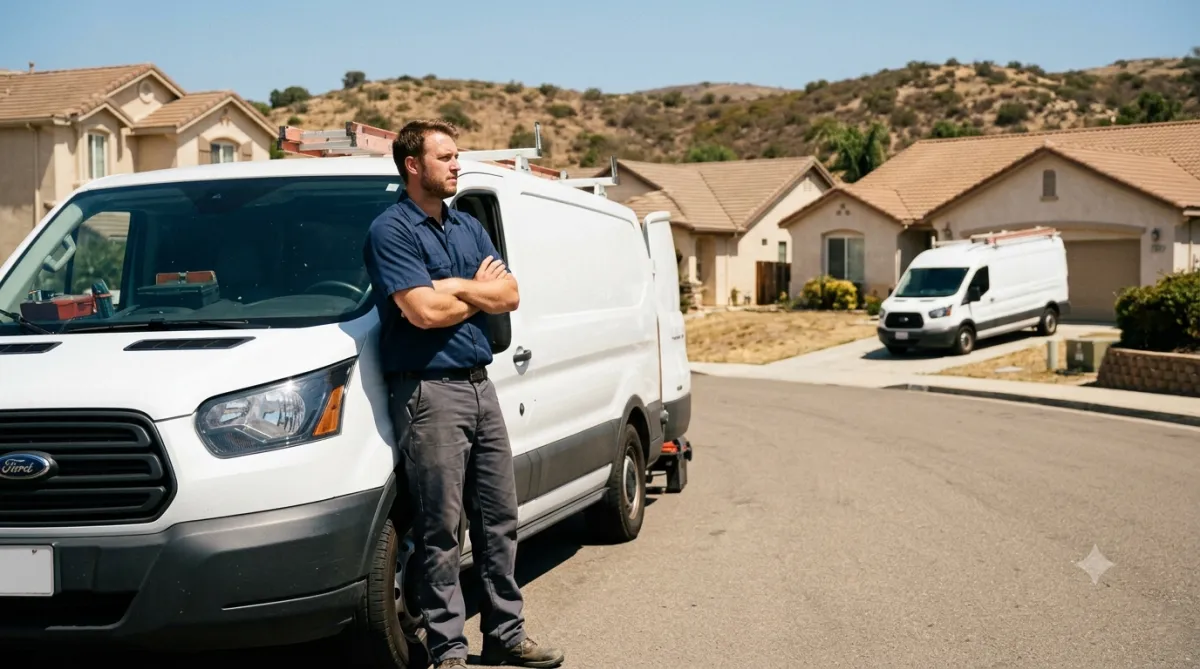 HVAC technician standing beside his service van looking at a competitor's van down the street