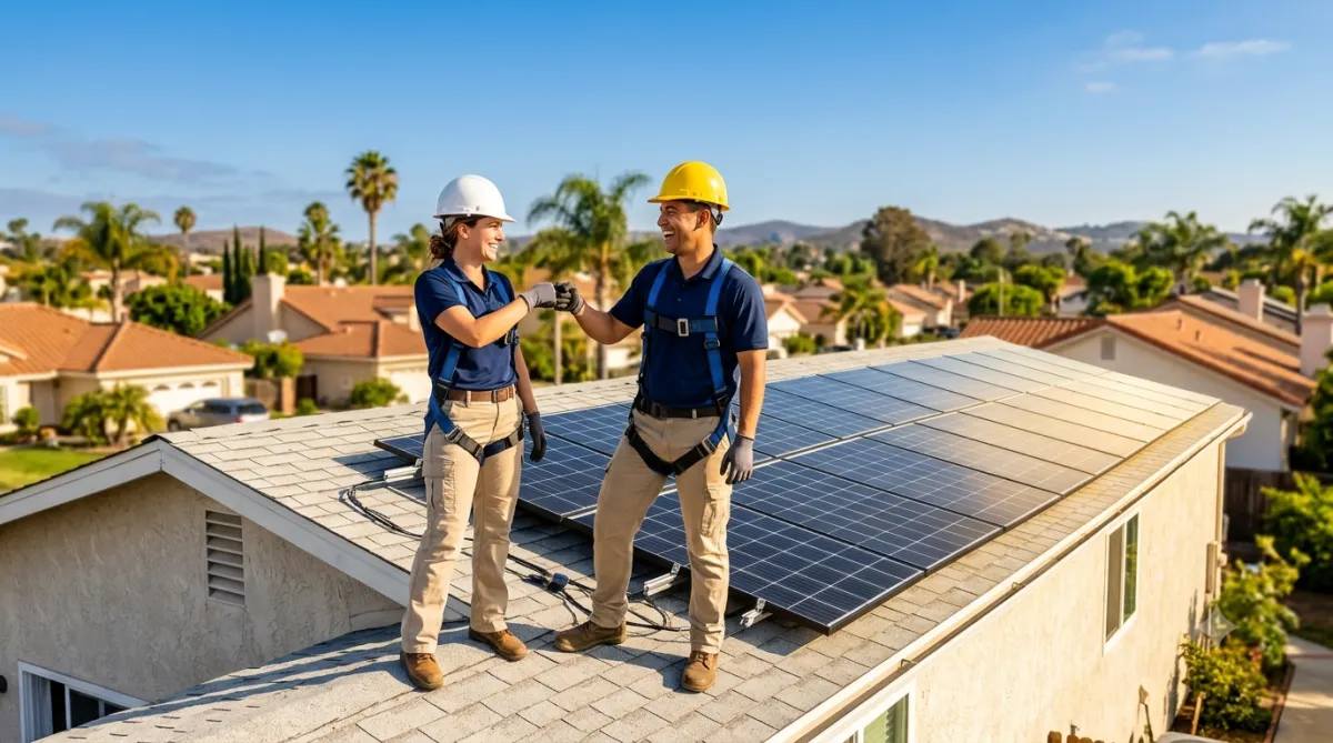 Solar installers finishing a rooftop panel install on a San Diego County home on a bright summer day