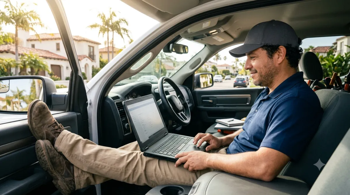 Contractor in his work truck reviewing his company website on a laptop