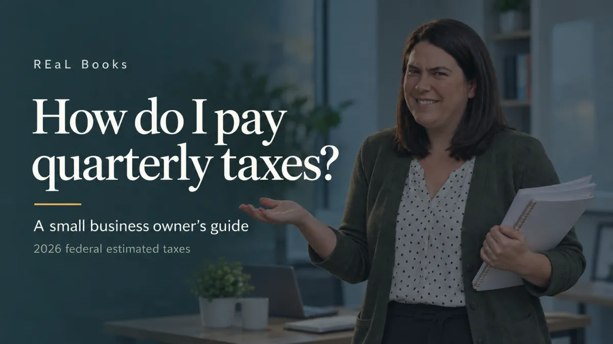 Robyn LeBreton holding financial records with the guide title: How do I pay quarterly taxes? A small business owner's guide to 2026 federal estimated taxes.