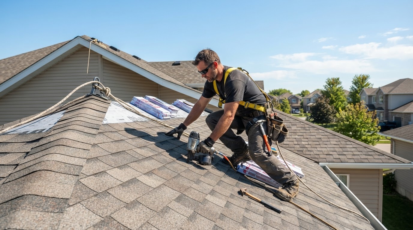 Roofer contractor installing shingles on a residential roof