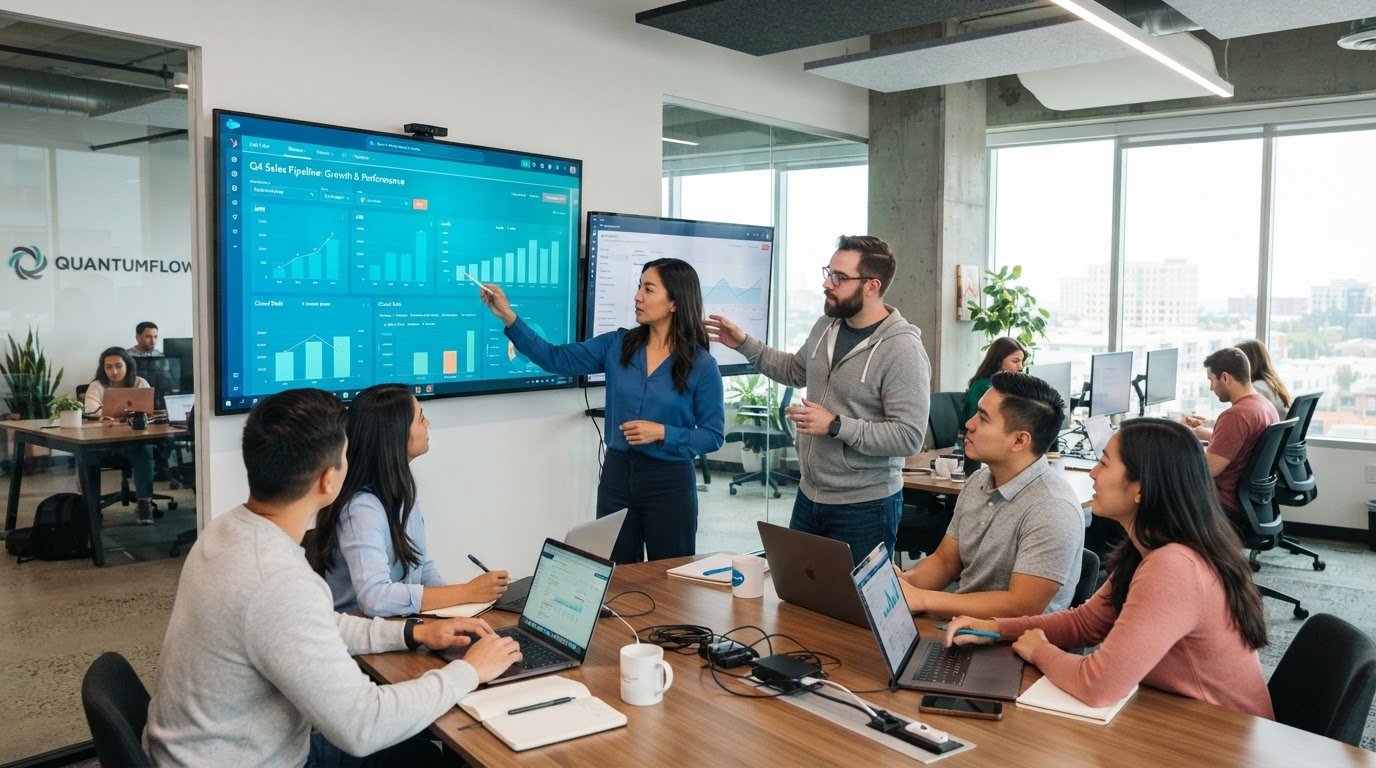 B2B SaaS team analyzing sales pipeline data on monitors