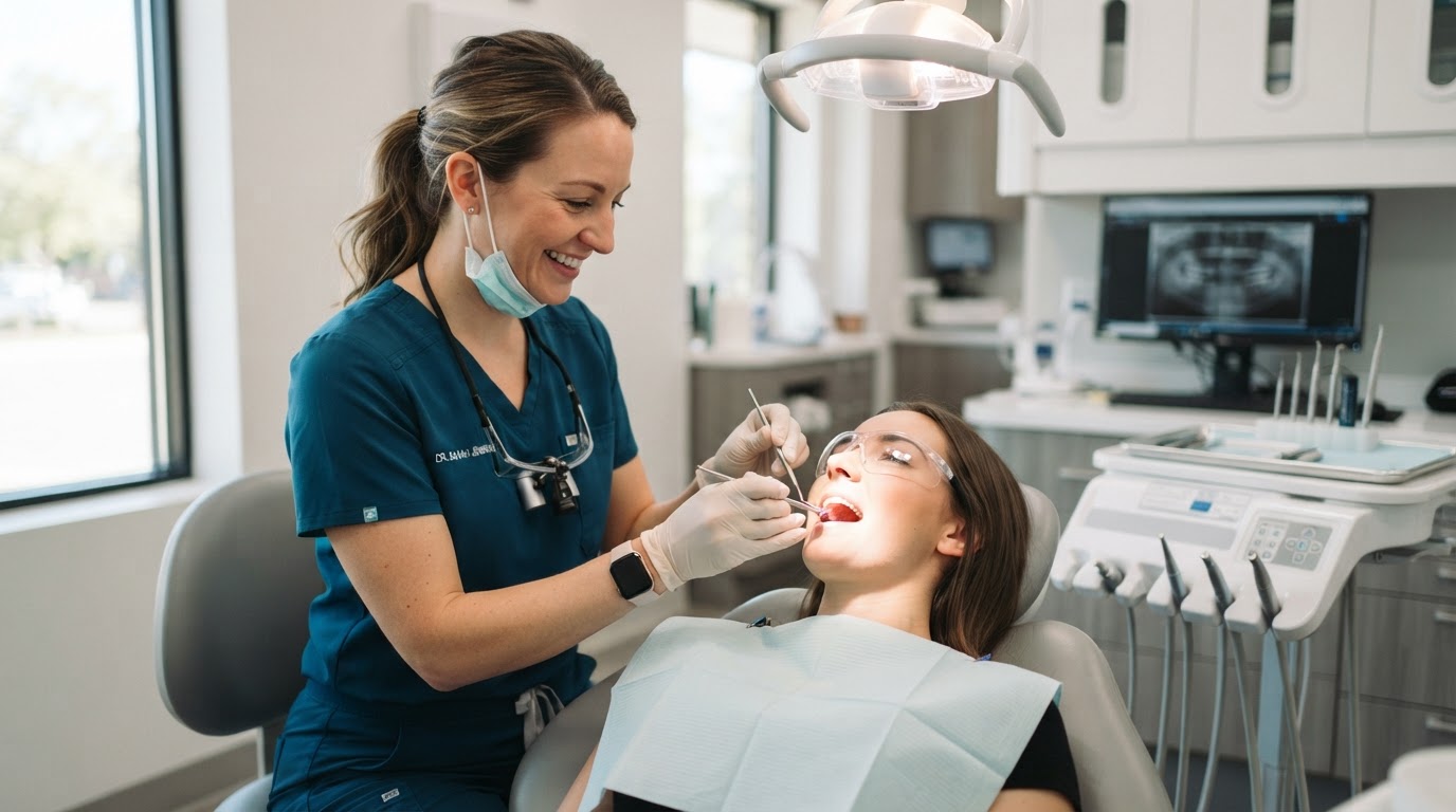 Dentist examining a patient in a modern dental office