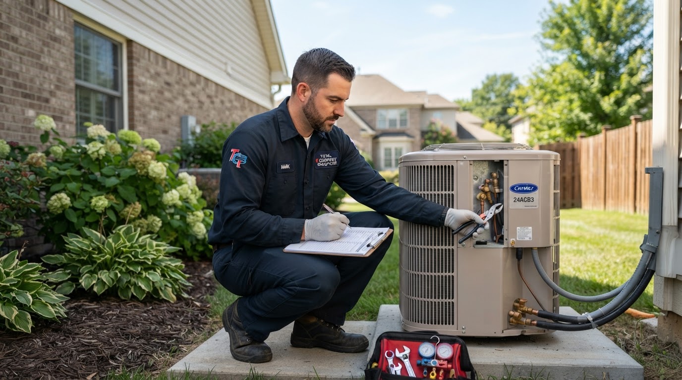 HVAC technician servicing a residential air conditioning unit