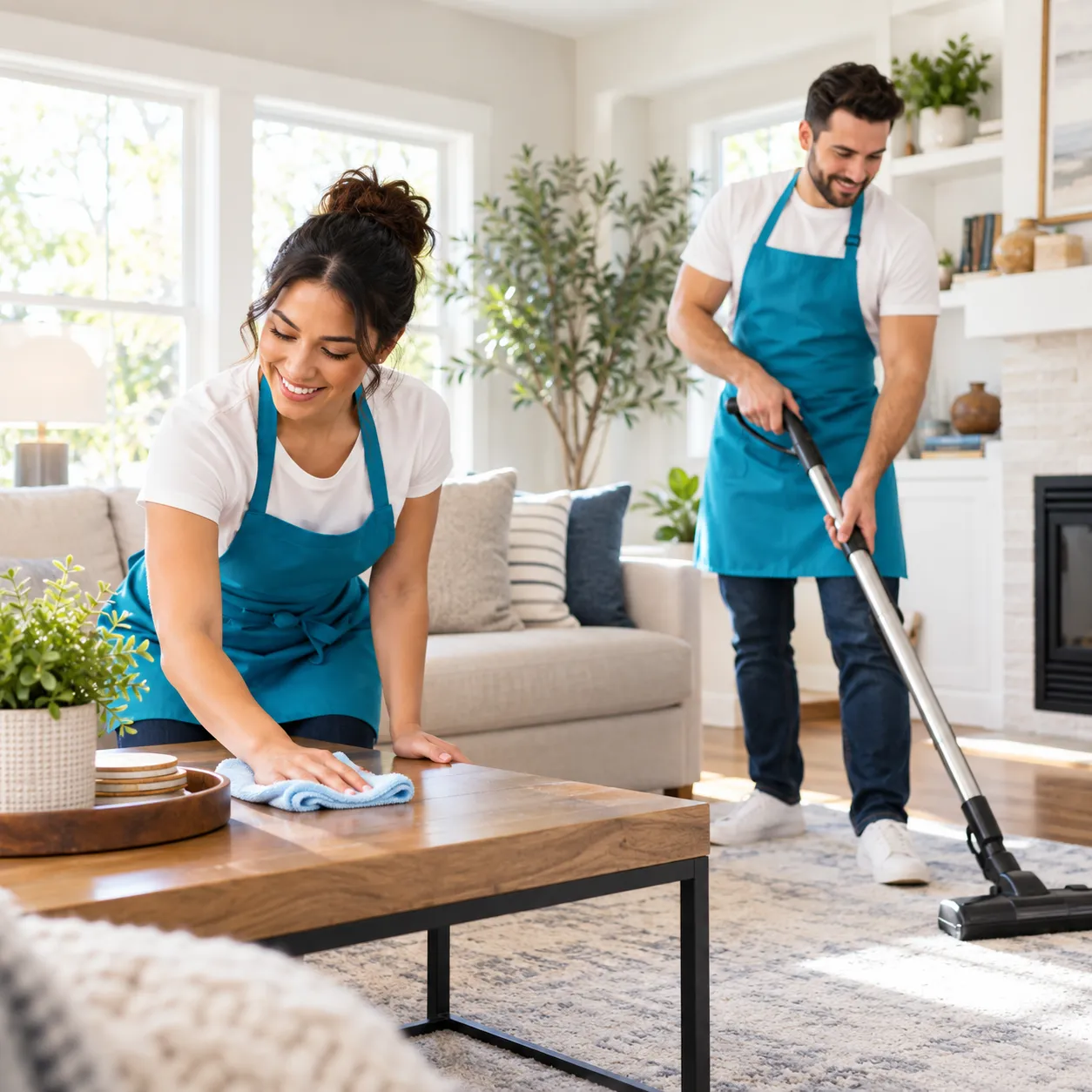 Two cleaners at work in a living room, one wiping a table and one vacuuming the rug
