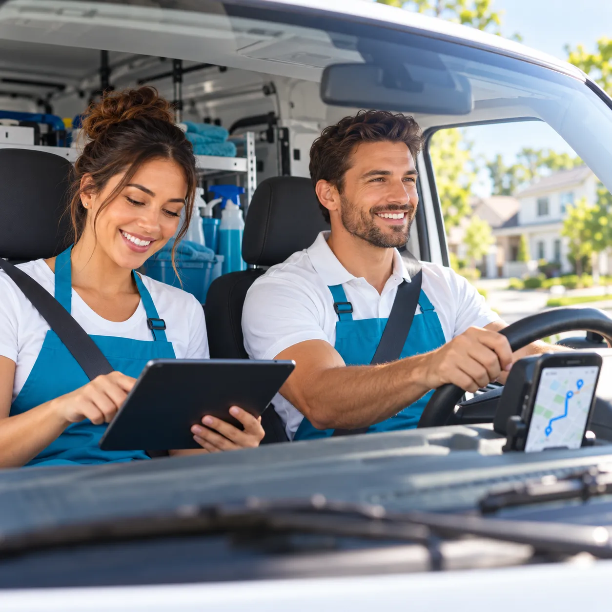 Two cleaners in a service van checking the route on a tablet and phone