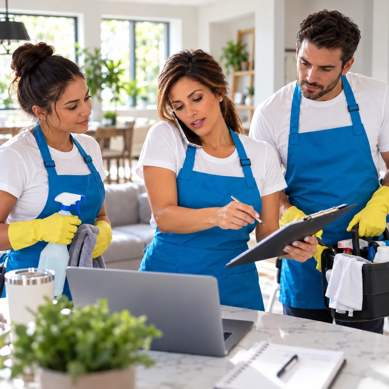 A cleaning team lead on the phone, planning the day with two cleaners and a laptop