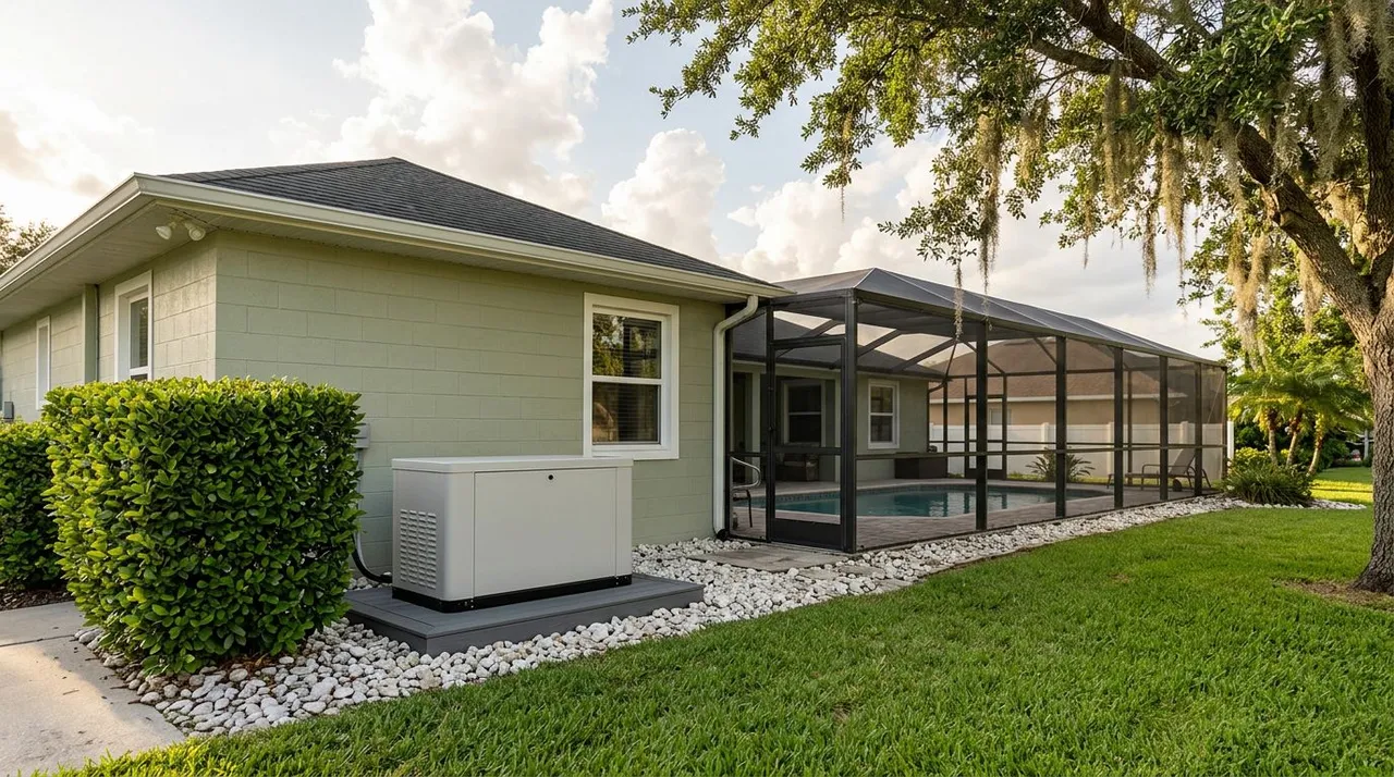 A standby generator on its pad beside a single-story Central Florida home with a screened lanai