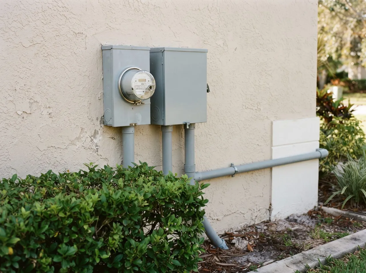 An automatic transfer switch mounted beside the electric meter on a house wall