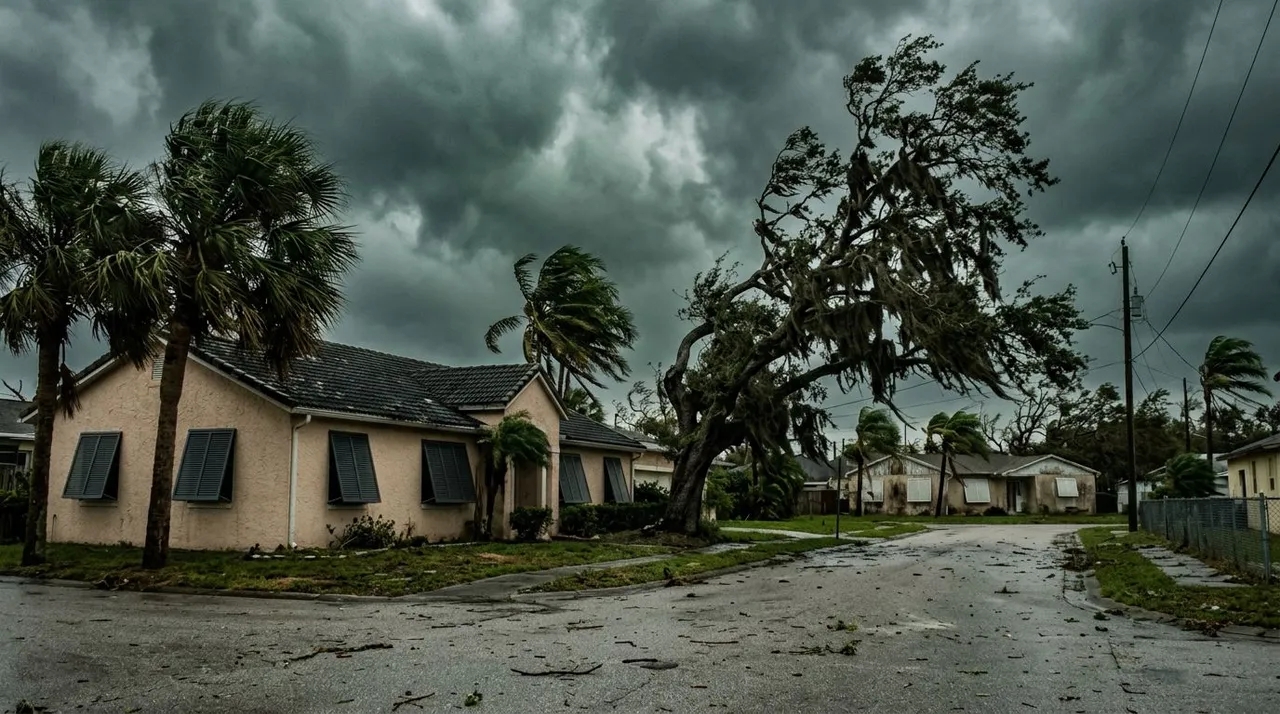 Palm trees bending under a dark sky as a hurricane approaches a Florida neighborhood