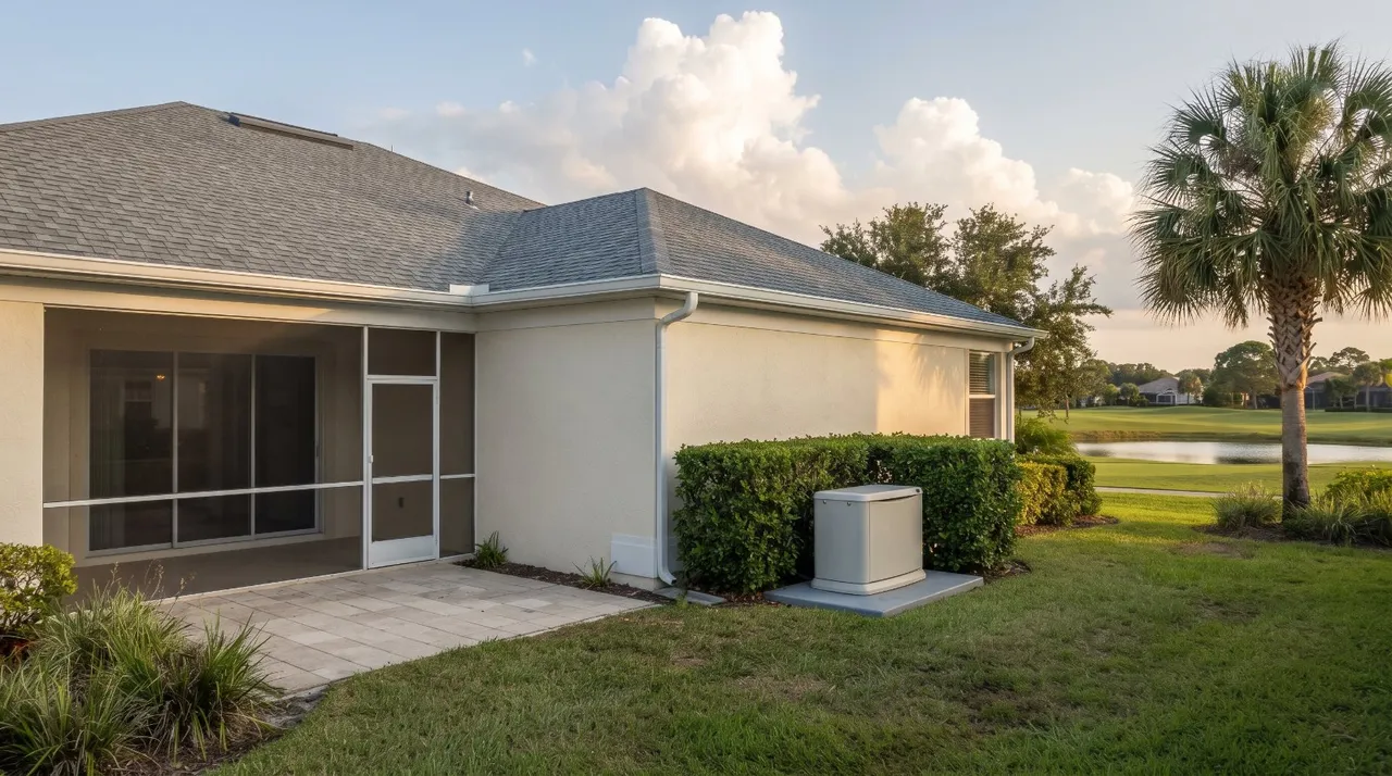 A standby generator screened by a hedge at the rear corner of a single-story home beside a golf course