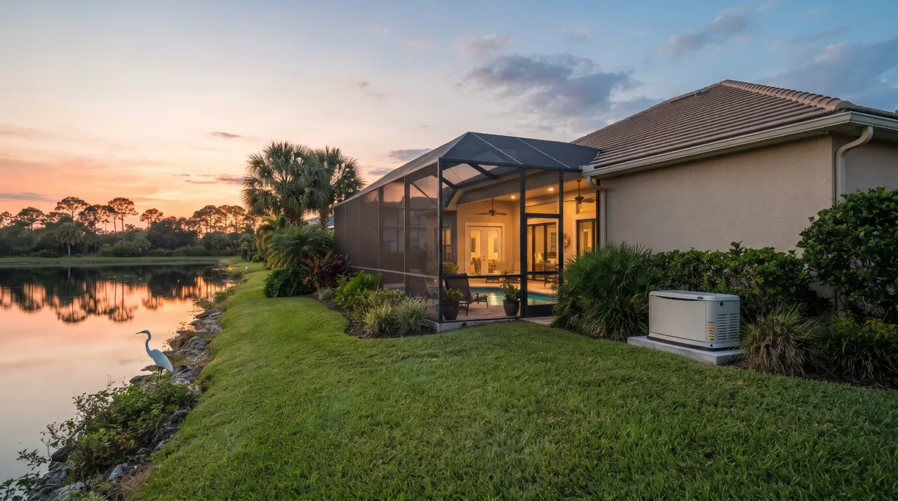 A lakefront home in a Florida retirement community with a standby generator at the side
