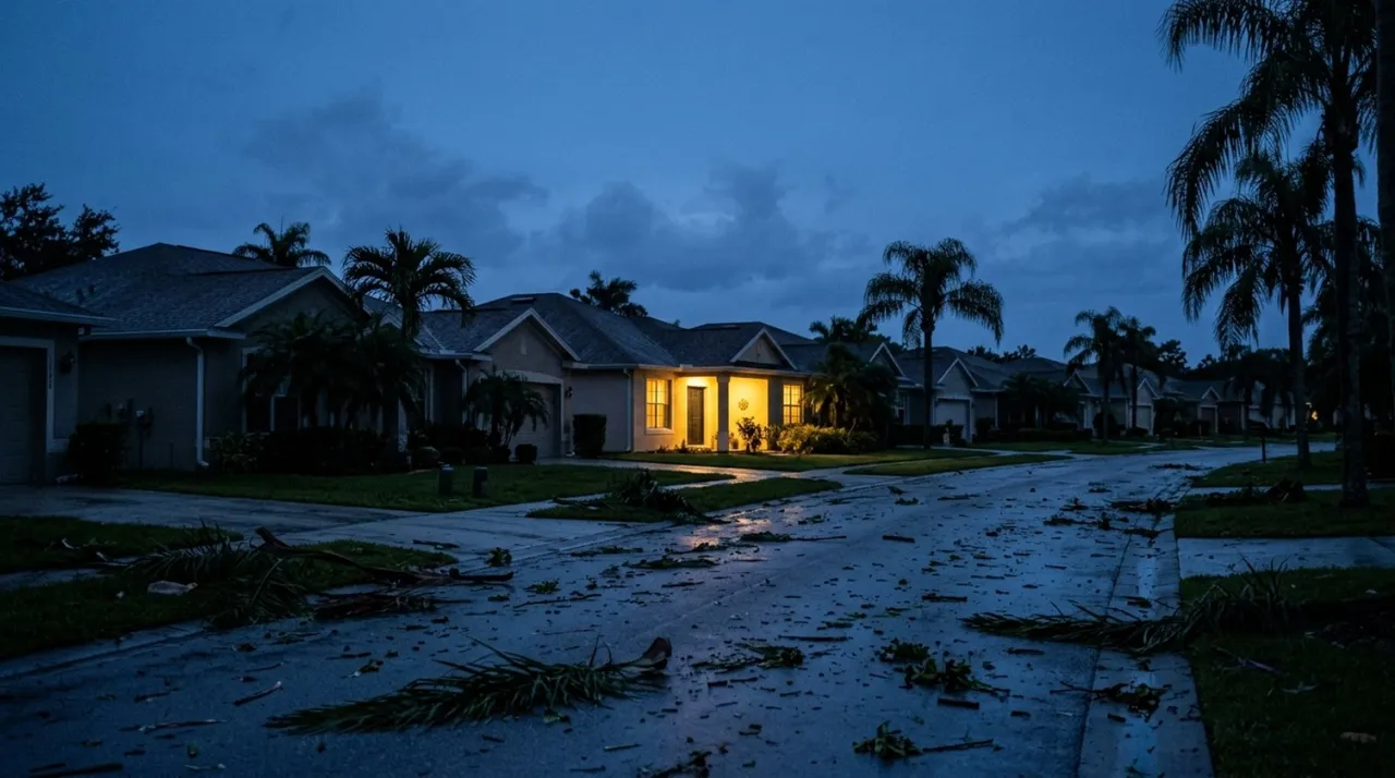A neighborhood street at dusk during an outage with one home lit