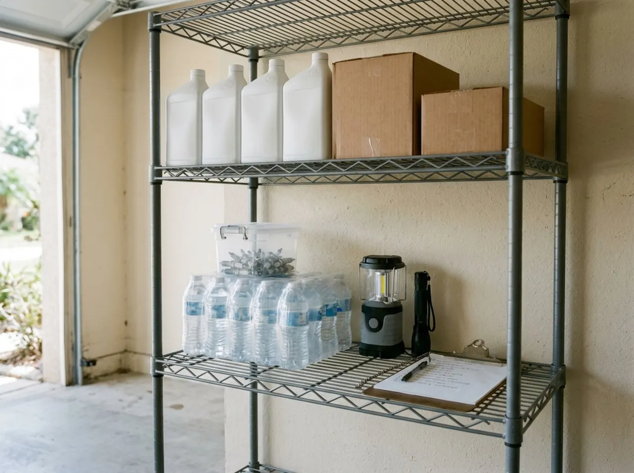 A garage shelf stocked for a long outage with oil, filters, water and a lantern